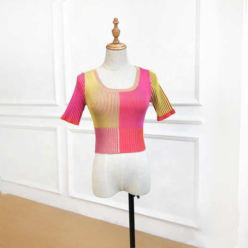 🌸 Pink Patchwork Crop Top Knitted Shirt